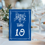 Tarjeta De Mesa Boda floral caprichoso e ilustrado a mano<br><div class="desc">Este moderno número de mesa boda tiene un motivo floral de mano y el aspecto de la tipografía con letras a mano sobre el perfecto tono azul. Este diseño es de doble cara y el mismo en ambos lados. La estética general está hecha a medida y es divertida, pero aún...</div>
