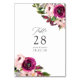 Tarjeta De Mesa Boda floral de acuarela Marsala y rosado