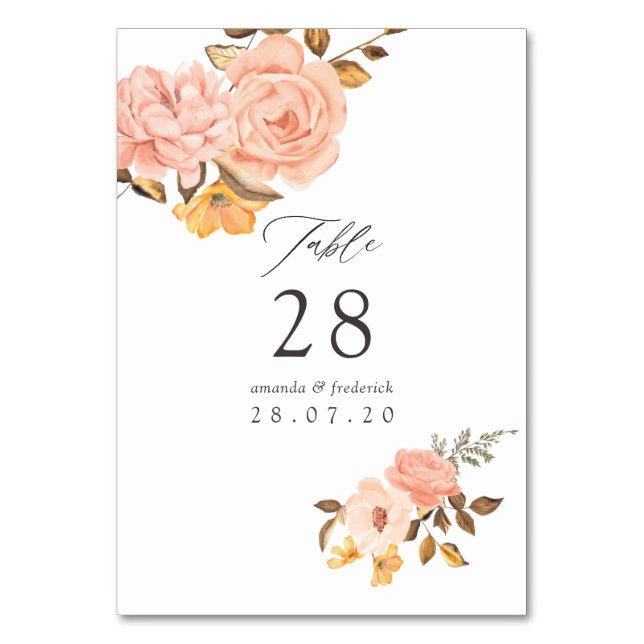 Tarjeta De Mesa Boda floral de acuarela rosa y dorado (Anverso)