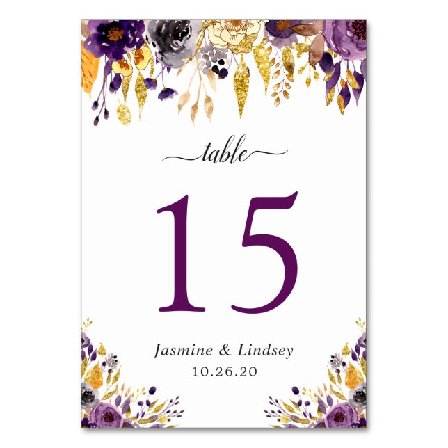 Tarjeta De Mesa Boda floral de acuarela Rusple Purple Gold (Anverso)