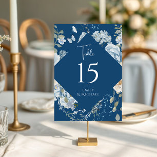 Tarjeta De Mesa Boda floral de color azul turbio y romántico