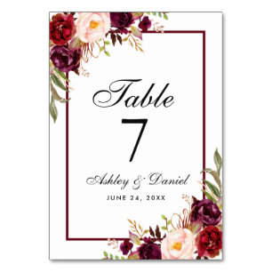 Tarjeta De Mesa Boda floral de color de agua de Borgoña