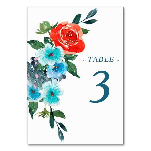 Tarjeta De Mesa Boda floral de Coral y Aqua (Anverso)