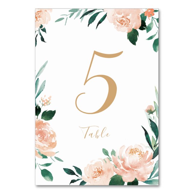 Tarjeta de mesa boda floral de durazno romántico (Anverso)
