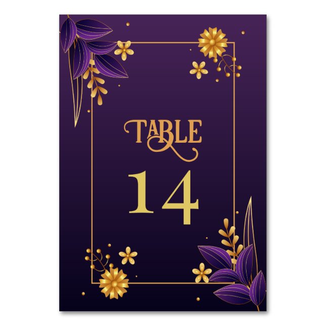 Tarjeta De Mesa Boda Floral de Estética Purple & Gold (Anverso)