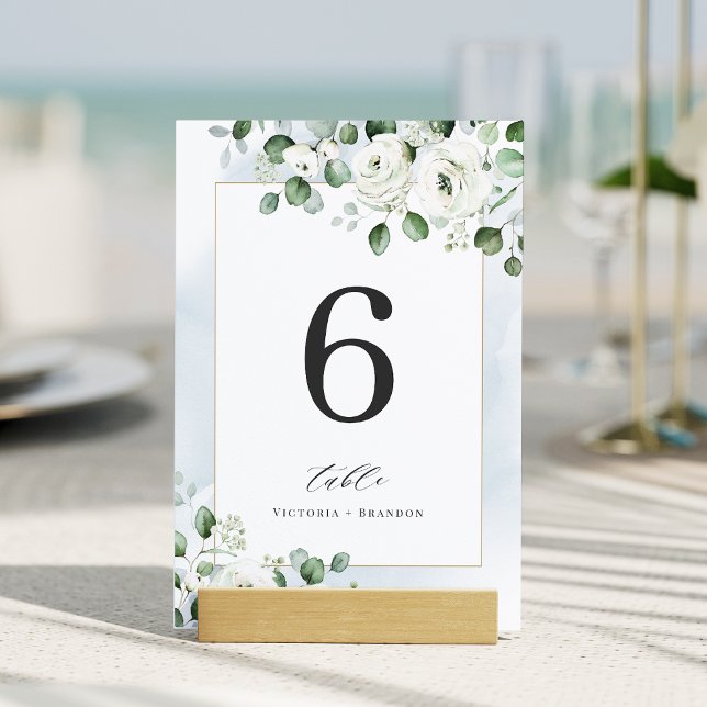 Tarjeta De Mesa Boda floral de eucalipto azul turbio (Dusty blue eucalyptus greenery floral wedding table number)