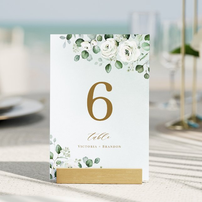 Tarjeta De Mesa Boda floral de eucalipto verde oro (Green gold eucalyptus greenery floral wedding table number)