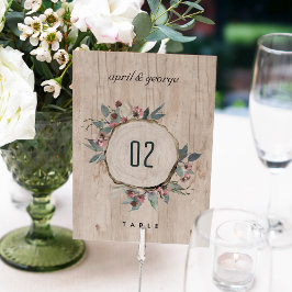 Tarjeta De Mesa Boda floral de eucaliptos rosados rojos de madera
