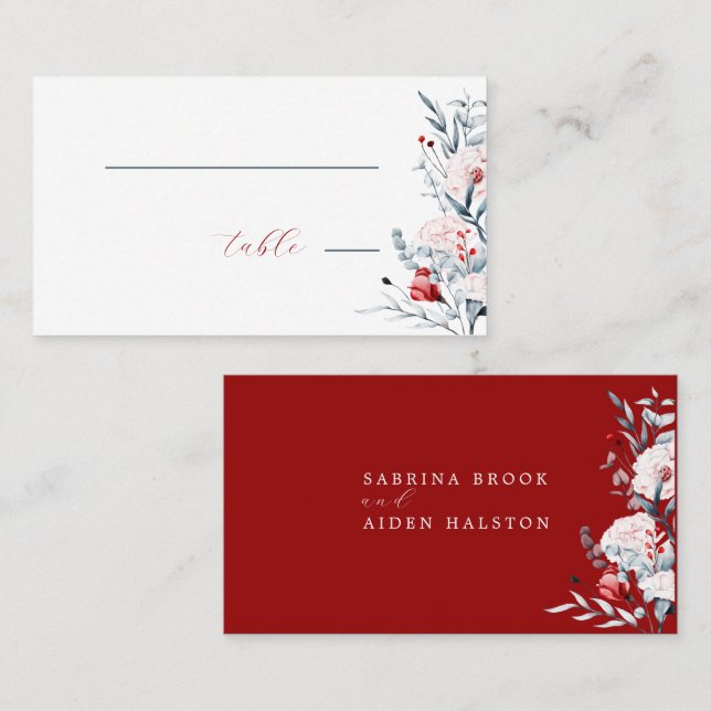 Tarjeta De Mesa Boda Floral De Flor Rojo Y Azul (Anverso / Reverso)