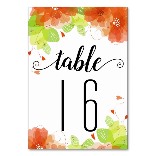 Tarjeta De Mesa boda floral de flores naranjas caligrafía (Anverso)