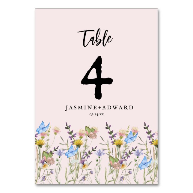 Tarjeta De Mesa Boda floral de flores silvestres simples modernas (Reverso)