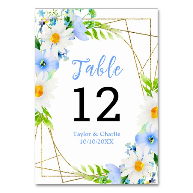 Tarjeta De Mesa Boda floral de Forget-Me-Nots Daisies (Anverso)