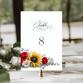 Tarjeta De Mesa Boda floral de girasol y rosa roja