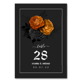 Tarjeta De Mesa Boda floral de Halloween vintage en negro y naranj