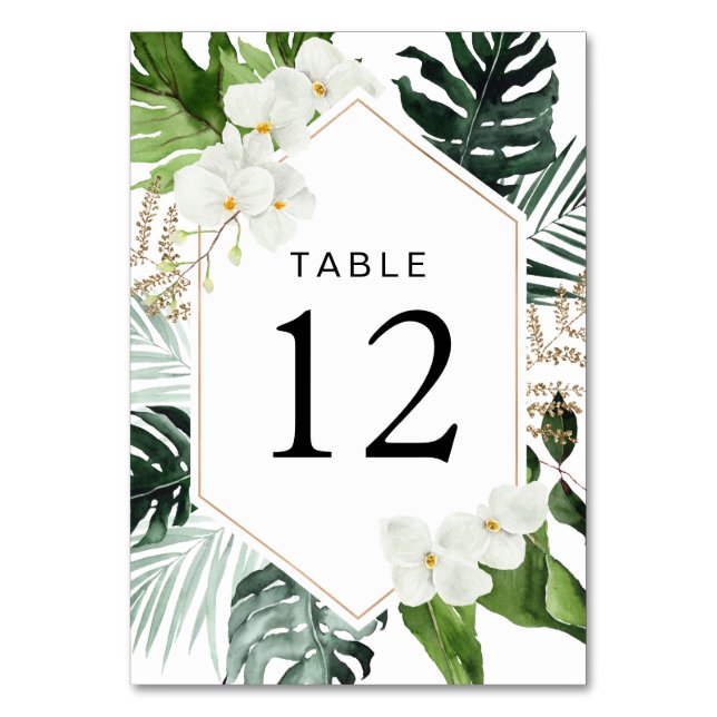 Tarjeta De Mesa boda floral de hojas de palmera tropicales (Anverso)