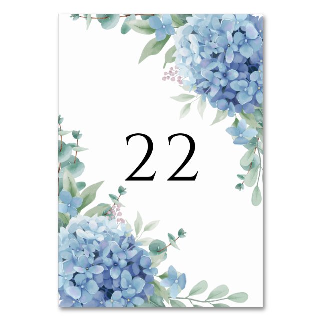 Tarjeta De Mesa Boda floral de Hortensia Azul  (Anverso)