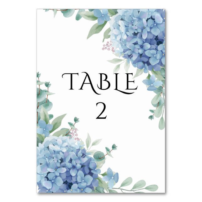Tarjeta De Mesa Boda floral de Hortensia Azul  (Anverso)