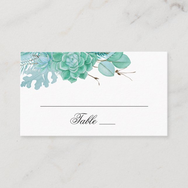 Tarjeta De Mesa Boda floral de invierno de menta. Suculentos acuar (Anverso)