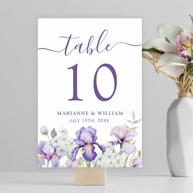 Tarjeta De Mesa Boda floral de iris morado romántico número de tab (Romantic Purple Iris Floral Wedding Table Number)