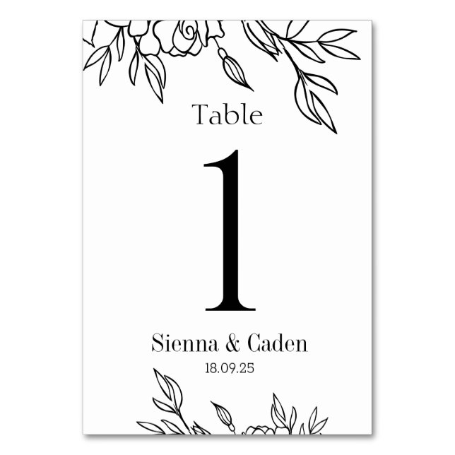Tarjeta De Mesa Boda floral de Line Art (Anverso)