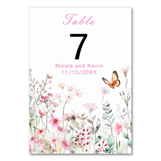 Tarjeta De Mesa Boda floral de mariposa rosa profunda primavera (Anverso)