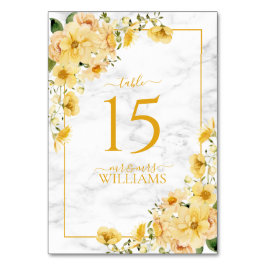 Tarjeta De Mesa Boda Floral de Mármol Amarillo Rústico