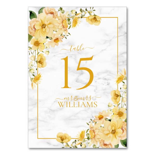 Tarjeta De Mesa Boda Floral de Mármol Amarillo Rústico (Anverso)