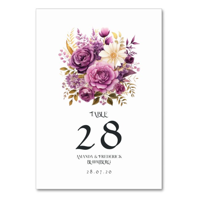 Tarjeta De Mesa Boda Floral de Mauve y Oro (Anverso)