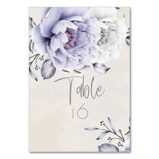 Tarjeta De Mesa BODA | Floral de peones rustica de Lilac y Alabast (Reverso)