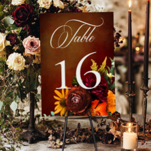 Tarjeta De Mesa Boda floral de puesta de sol elegante y oscura