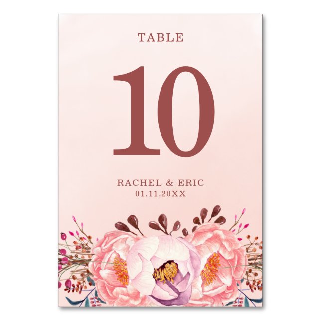 Tarjeta de mesa Boda floral de rubí rosa pálido (Anverso)