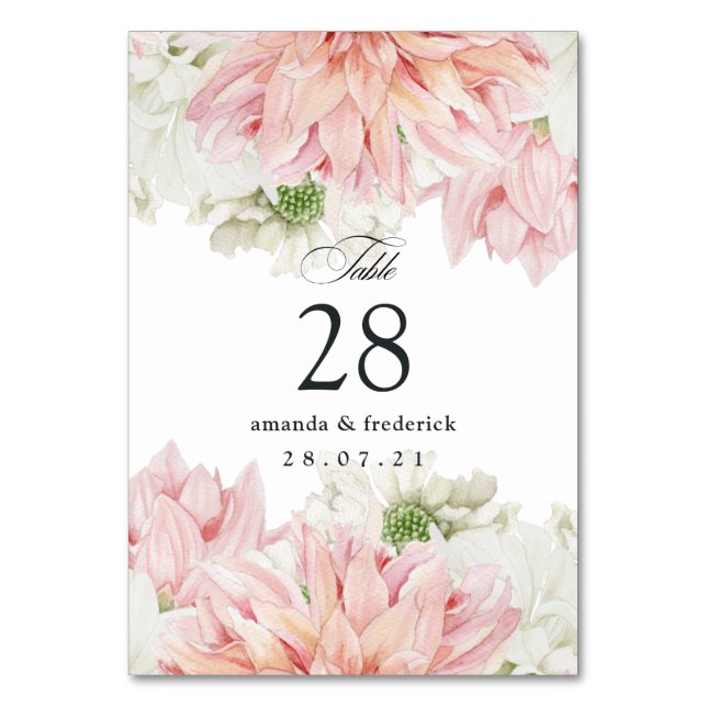 Tarjeta De Mesa Boda floral de Rubor Dahlias (Anverso)