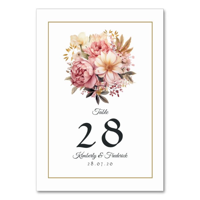 Tarjeta De Mesa Boda floral de Rubor y oro (Anverso)