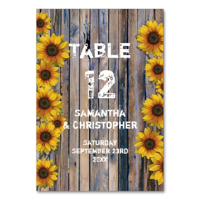 Tarjeta De Mesa Boda floral de un país de girasol amarillo ruidoso (Anverso)