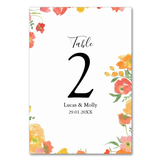 Tarjeta De Mesa Boda floral de verano rosa y naranja (Anverso)