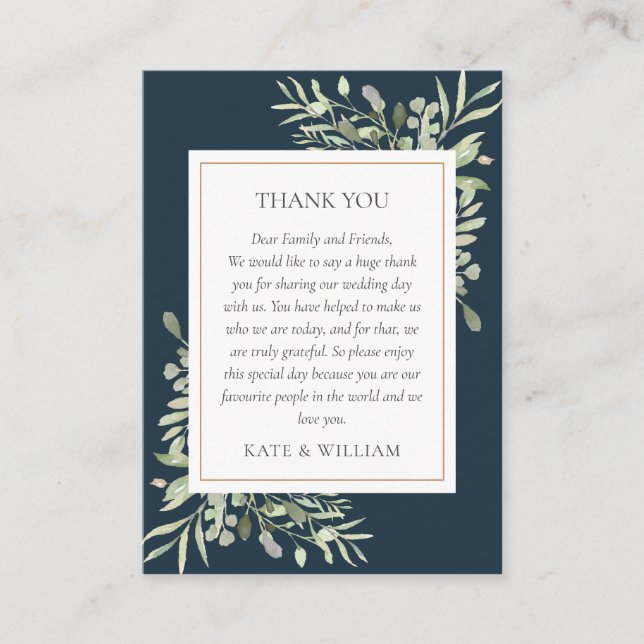 Tarjeta De Mesa Boda Floral Deep Sea Blue Greenery Gracias (Anverso)