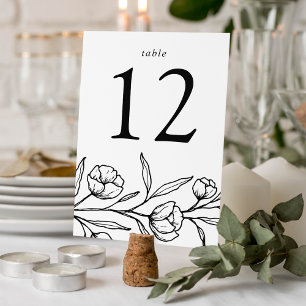 Tarjeta De Mesa Boda Floral Dibujada en Blanco y Negro