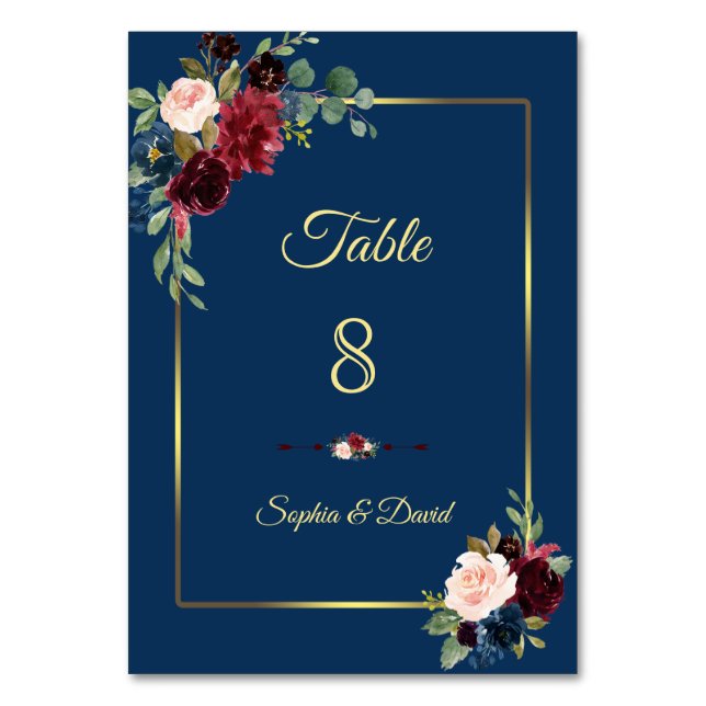 Tarjeta De Mesa Boda Floral Dorado Azul Marino Borgoña (Anverso)