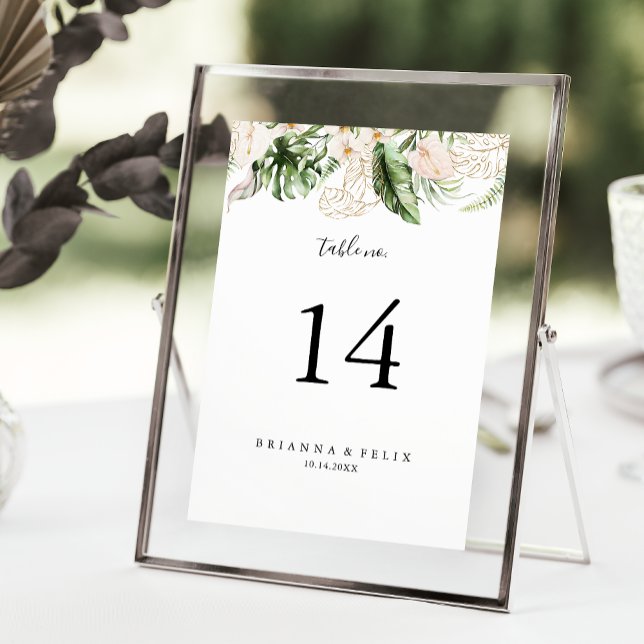 Tarjeta De Mesa Boda floral dorado de follaje tropical (Subido por el creador)