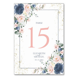 Tarjeta De Mesa Boda floral dorado rosa Rubor azul turbio claro