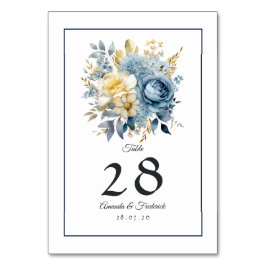Tarjeta De Mesa Boda Floral Dusty Blue y Gold