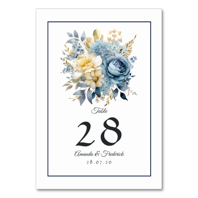 Tarjeta De Mesa Boda Floral Dusty Blue y Gold (Anverso)