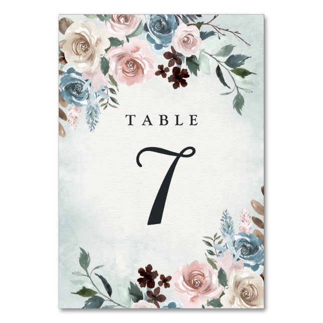 Tarjeta De Mesa Boda floral Dusty Blue y Rubor Pink Mauve (Anverso)