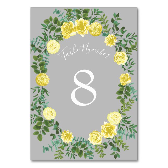 Tarjeta De Mesa Boda floral elegante amarillo y gris (Reverso)