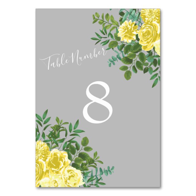 Tarjeta De Mesa Boda floral elegante amarillo y gris (Reverso)