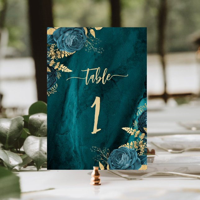 Tarjeta De Mesa Boda floral elegante azul turquesa y dorado (Subido por el creador)