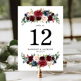 Tarjeta De Mesa Boda floral elegante con tonos rosa, burgundy y az