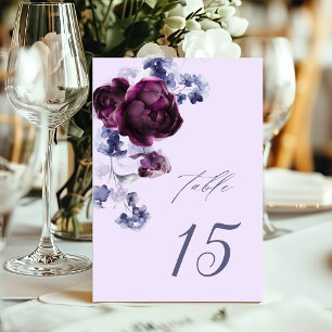 Tarjeta De Mesa Boda floral elegante de color púrpura ciruela y az