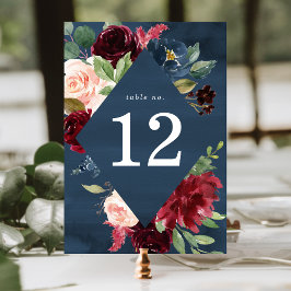 Tarjeta De Mesa Boda floral elegante de color rosa, borgoña y azul
