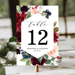 Tarjeta De Mesa Boda floral elegante de color rosa, borgoña y azul